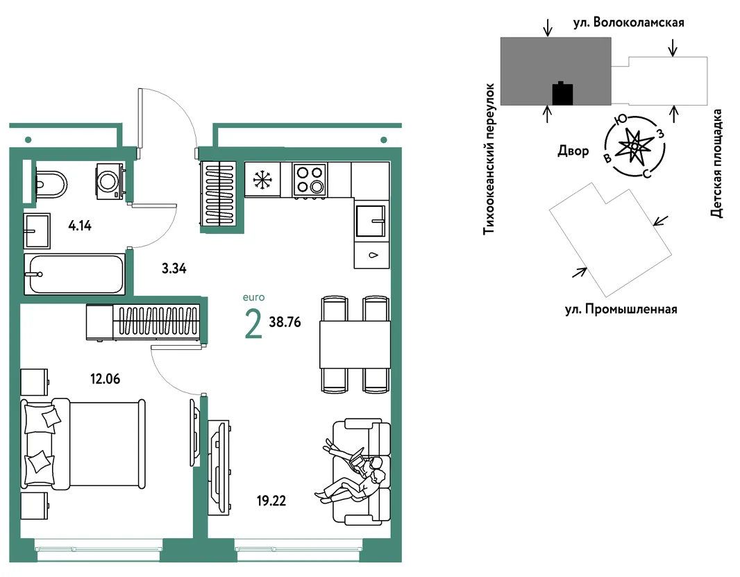 Планировка 2-комн. квартира, 38.76 м² ЖК «Страна Прибрежная»