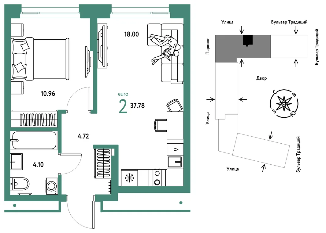 Планировка 2-комн. квартира, 37.78 м² ЖК «Микрорайон Домашний»