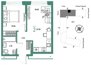 Планировка 2-комн. квартира, 37.78 м² ЖК «Микрорайон Домашний»