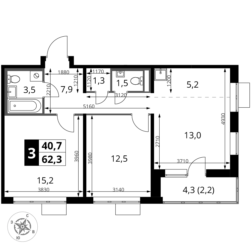 Планировка 3-комн. квартира, 62.3 м² ЖК «1-й Донской»