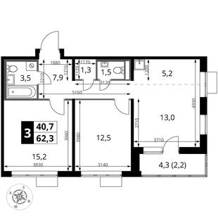 Планировка 3-комн. квартира, 62.3 м² ЖК «1-й Донской»
