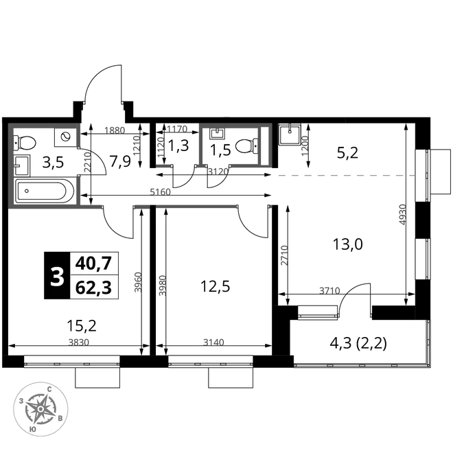 Планировка 3-комн. квартира, 62.3 м² ЖК «1-й Донской»