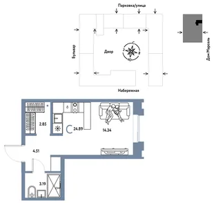 Планировка Студия, 24.89 м² ЖК «Европейский берег 2.0»