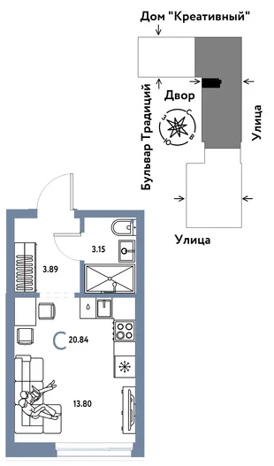 Планировка Студия, 20.84 м² ЖК «Микрорайон Домашний»