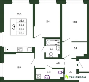 Планировка 3-комн. квартира, 82.5 м² ЖК «Парковый квартал 2.0»
