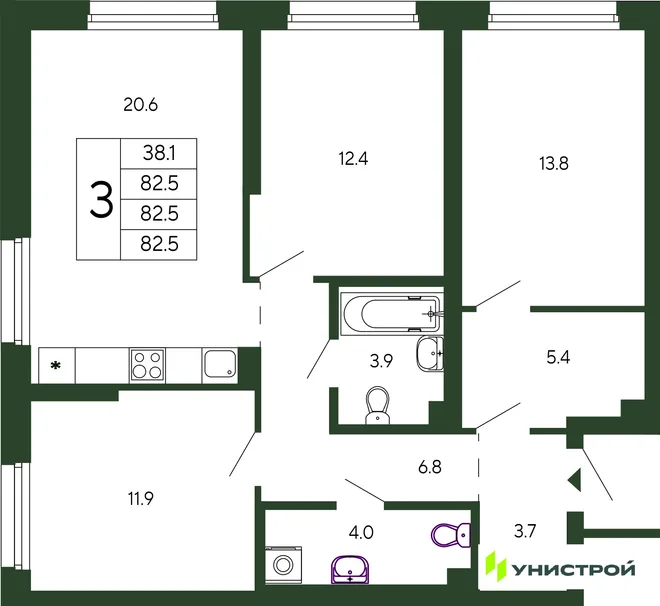 Планировка 3-комн. квартира, 82.5 м² ЖК «Парковый квартал 2.0» Планировка 3-комн. квартира, 82.5 м² ЖК «Парковый квартал 2.0»
