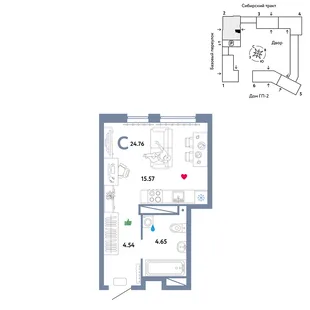 Планировка Студия, 24.76 м² ЖК «Сибирский сад»