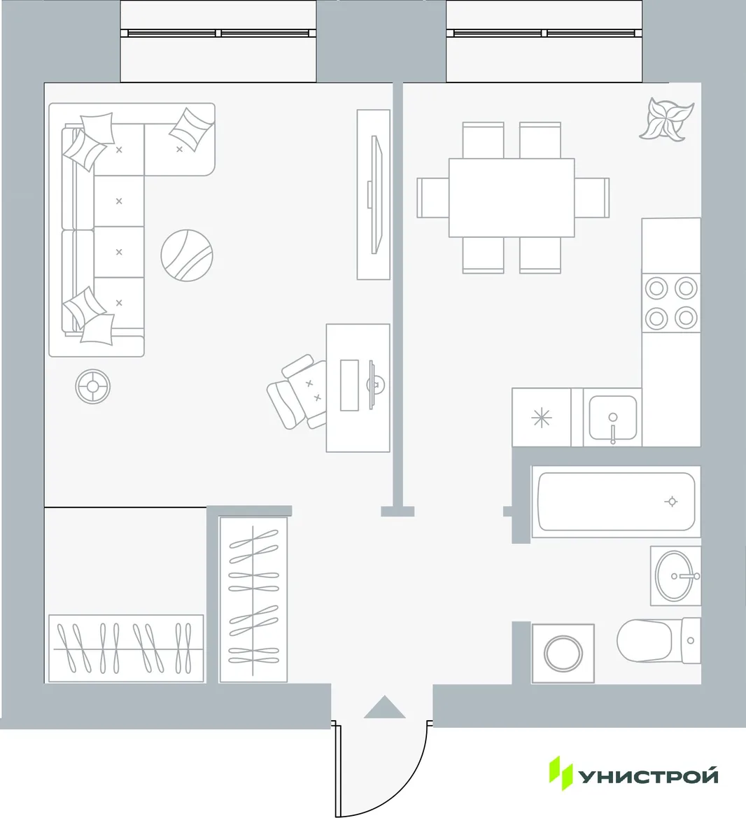 Планировка 1-комн. квартира, 38.18 м² ЖК «Причал»