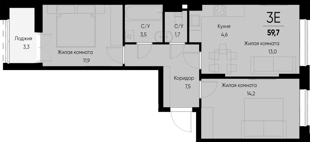 Планировка 3-комн. квартира, 60.2 м² ЖК «Васильевский остров»