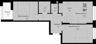 Планировка 3-комн. квартира, 60.2 м² ЖК «Васильевский остров»
