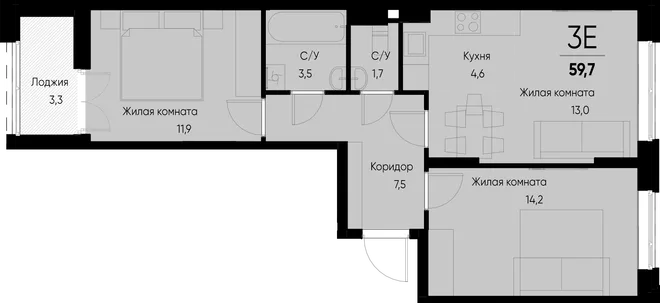 Планировка 3-комн. квартира, 59.8 м² ЖК «Васильевский остров» Планировка 3-комн. квартира, 59.8 м² ЖК «Васильевский остров»
