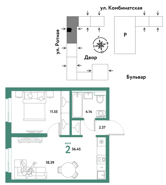 Планировка 2-комн. квартира, 36.45 м² ЖК «Уральский сад» Планировка 2-комн. квартира, 36.45 м² ЖК «Уральский сад»