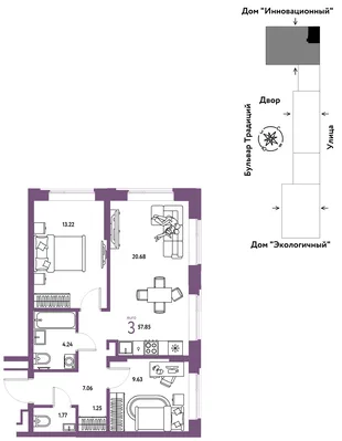 Планировка 3-комн. квартира, 57.85 м² ЖК «Микрорайон Домашний»