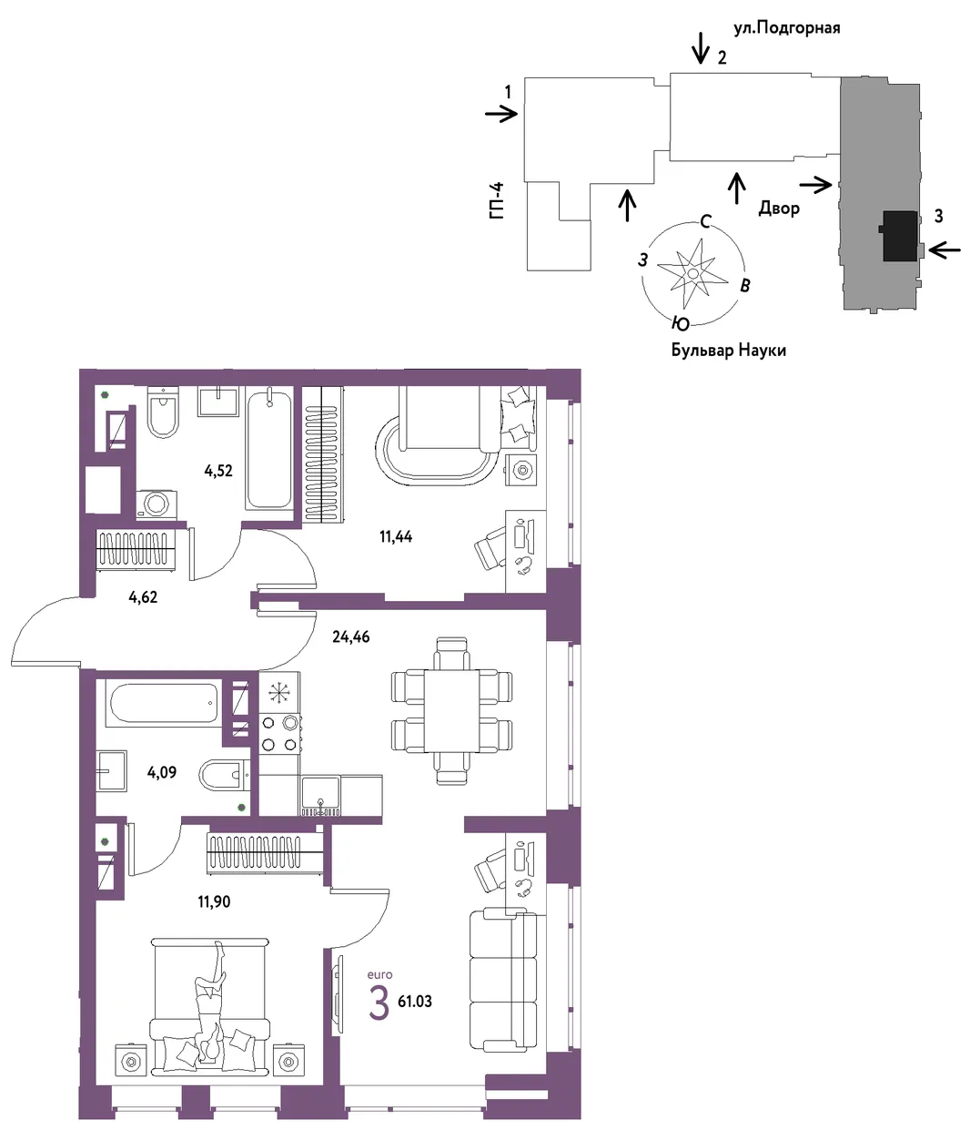 Планировка 3-комн. квартира, 61.03 м² ЖК «Авторский»