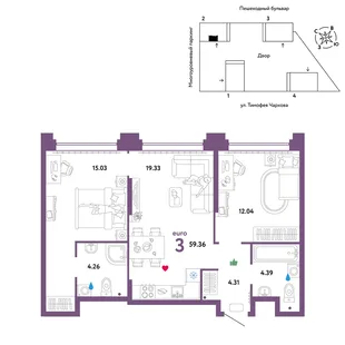 Планировка 3-комн. квартира, 59.36 м² ЖК «Микрорайон Звездный»