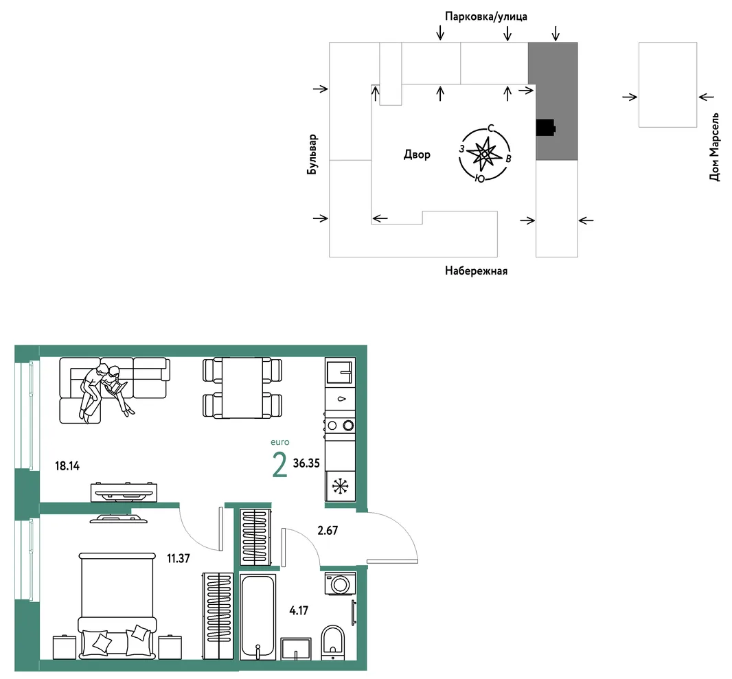 Планировка 2-комн. квартира, 36.35 м² ЖК «Европейский берег 2.0»