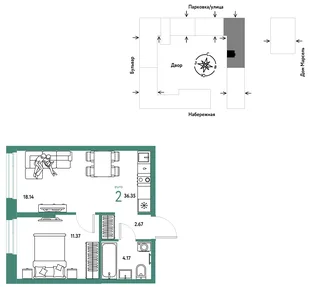 Планировка 2-комн. квартира, 36.35 м² ЖК «Европейский берег 2.0»