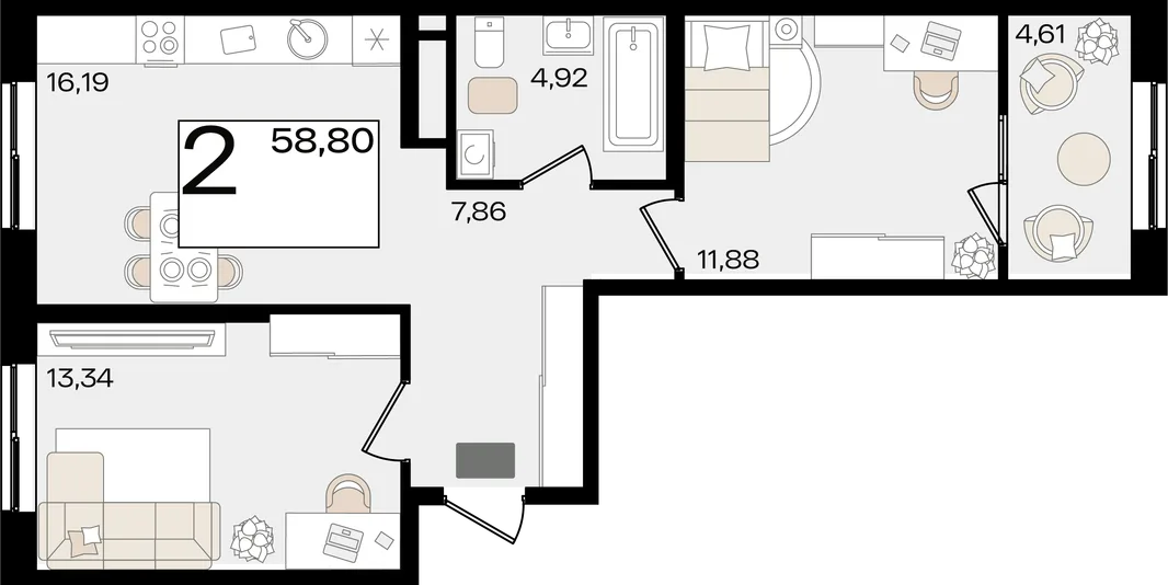 Планировка 2-комн. квартира, 58.8 м² ЖК «Патрики»