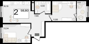 Планировка 2-комн. квартира, 58.8 м² ЖК «Патрики»
