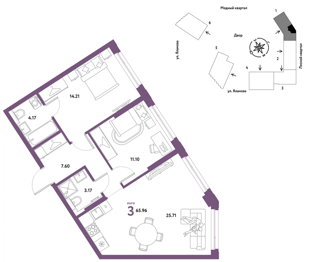 Планировка 3-комн. квартира, 65.96 м² ЖК «Сибирский сад»