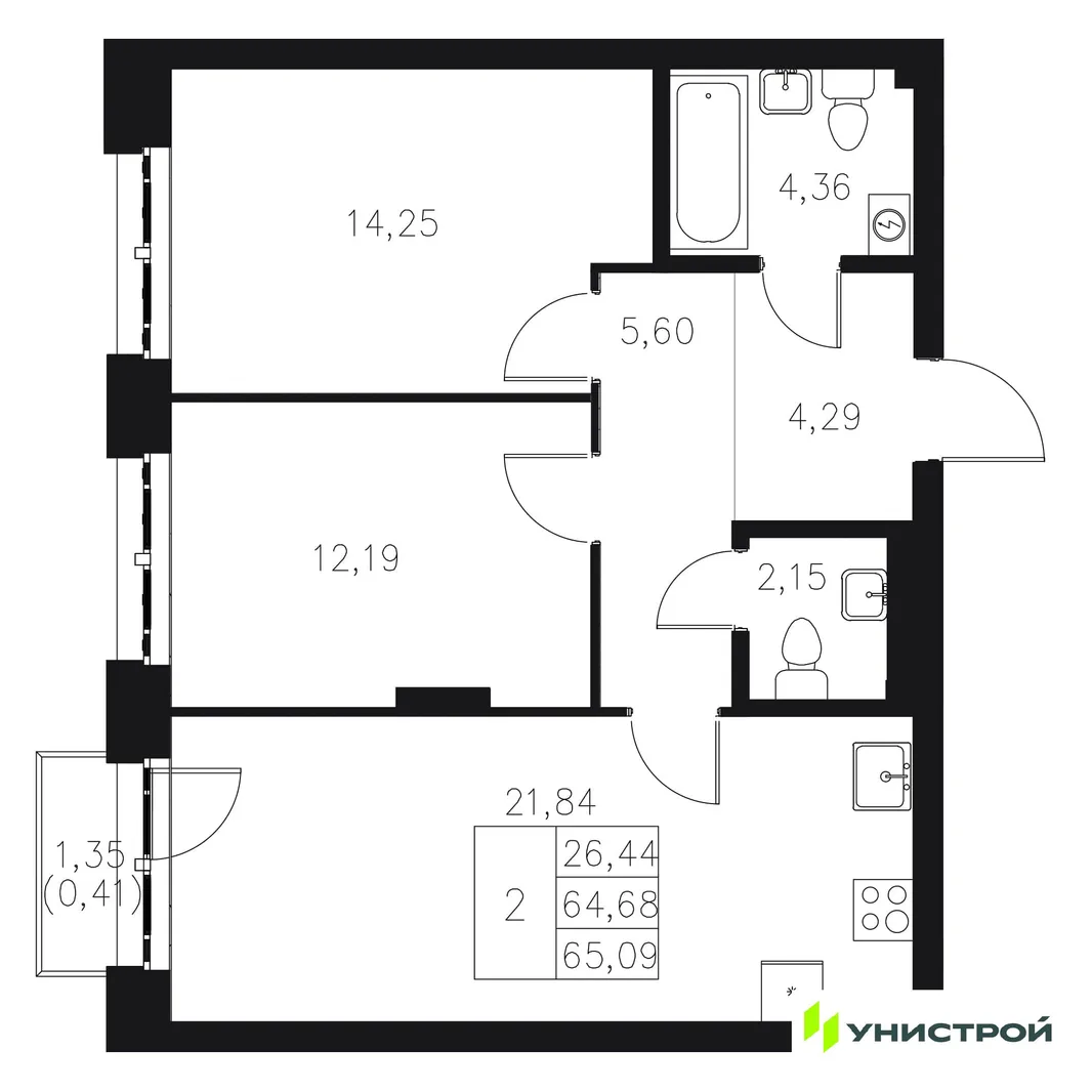 Планировка 2-комн. квартира, 65.09 м² ЖК «Statum»