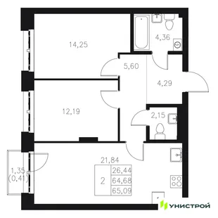 Планировка 2-комн. квартира, 65.09 м² ЖК «Statum»
