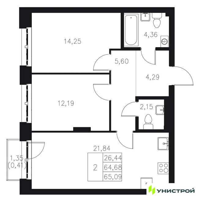 Планировка 2-комн. квартира, 65.09 м² ЖК «Statum» Планировка 2-комн. квартира, 65.09 м² ЖК «Statum»