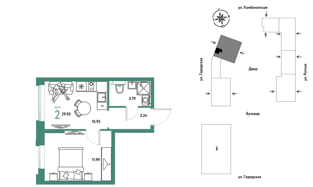 Планировка 2-комн. квартира, 29.95 м² ЖК «Уральский сад»