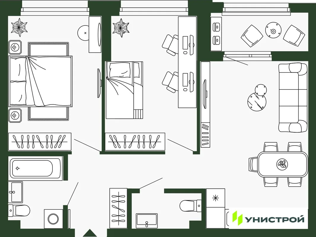 Планировка 2-комн. квартира, 59.5 м² ЖК «Парковый квартал 2.0»