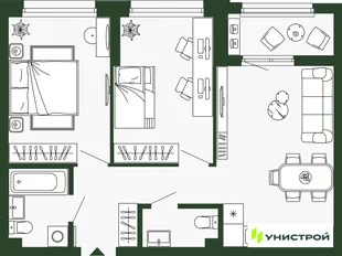 Планировка 2-комн. квартира, 59.5 м² ЖК «Парковый квартал 2.0»