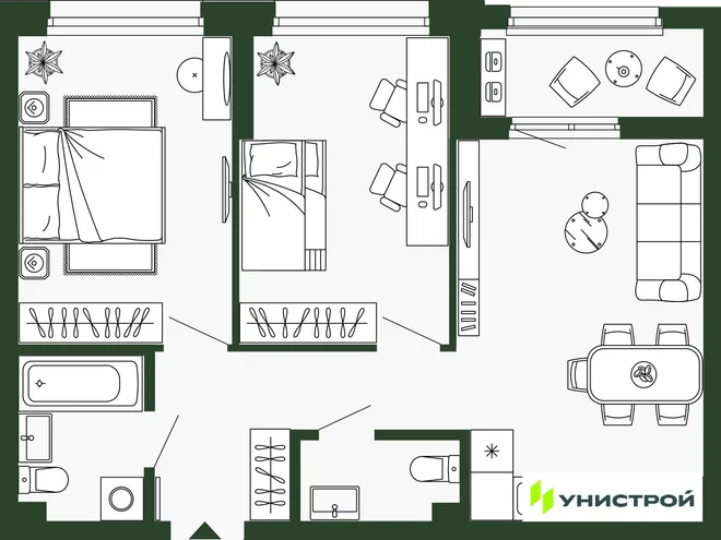 Планировка 2-комн. квартира, 59.5 м² ЖК «Парковый квартал 2.0» Планировка 2-комн. квартира, 59.5 м² ЖК «Парковый квартал 2.0»