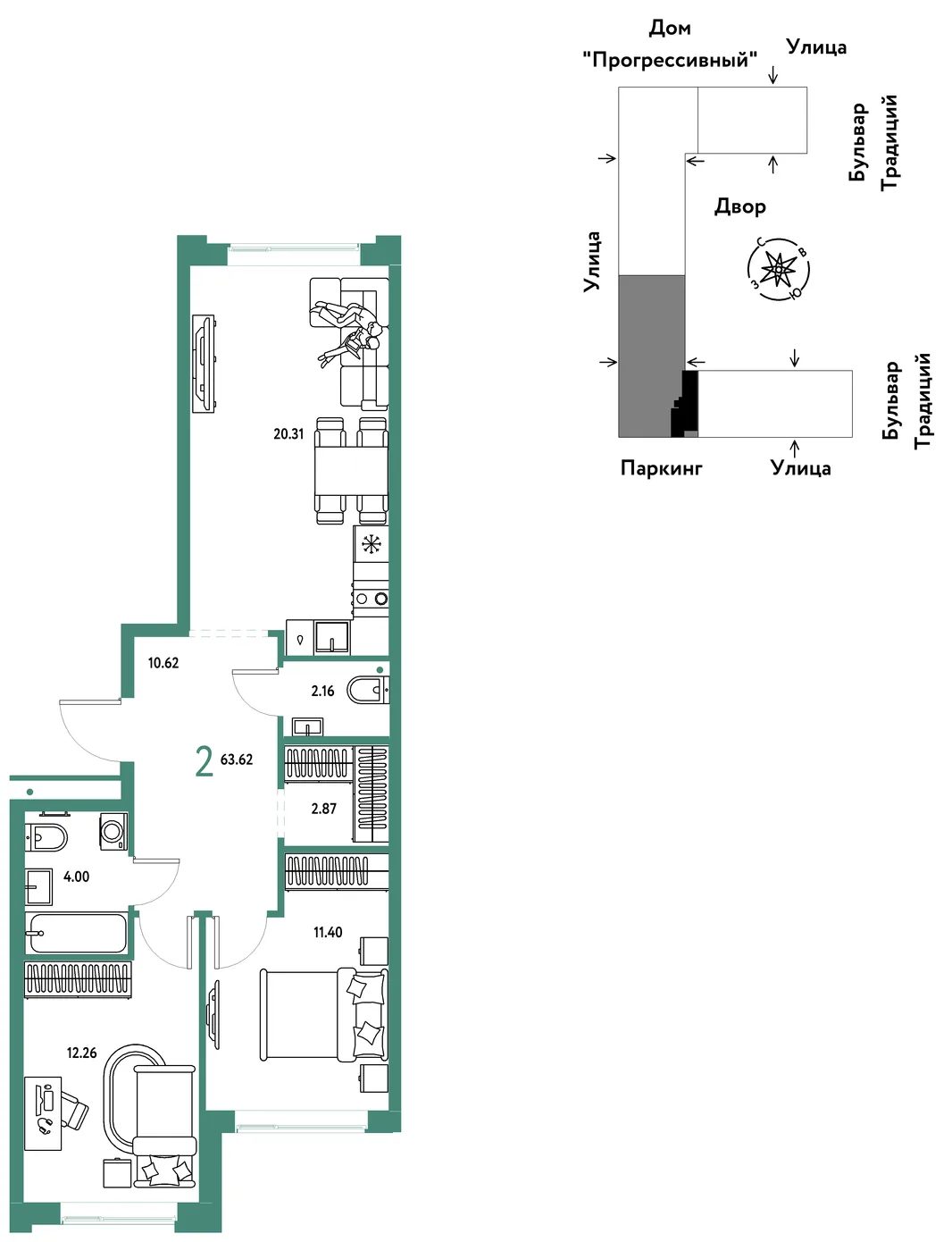 Планировка 2-комн. квартира, 63.62 м² ЖК «Микрорайон Домашний»