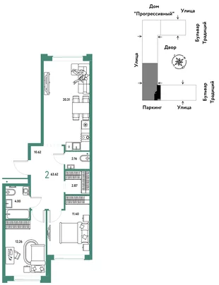 Планировка 2-комн. квартира, 63.62 м² ЖК «Микрорайон Домашний»
