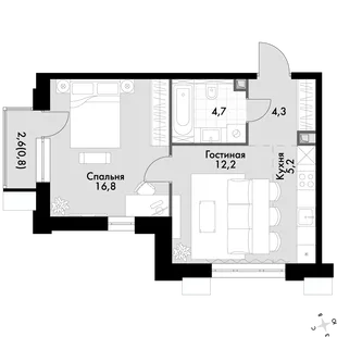 Квартира 2-комн. квартира, 44 м² ЖК «Флагман» Фото 1 Квартира 2-комн. квартира, 44 м² ЖК «Флагман» Фото 1