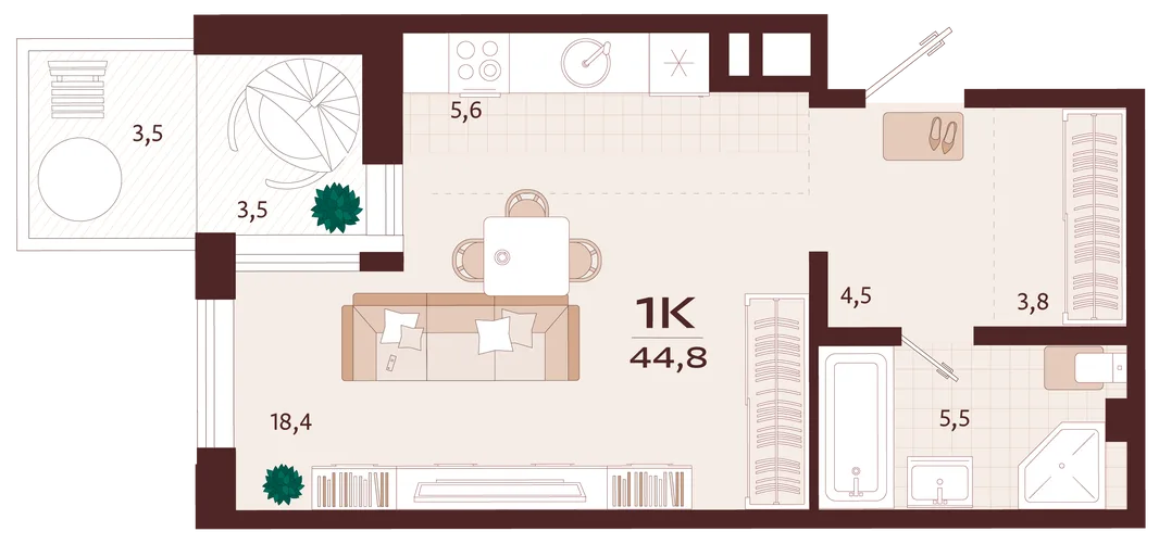 Планировка 1-комн. квартира, 44.8 м² ЖК «Роялта»