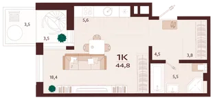 Планировка 1-комн. квартира, 44.8 м² ЖК «Роялта»