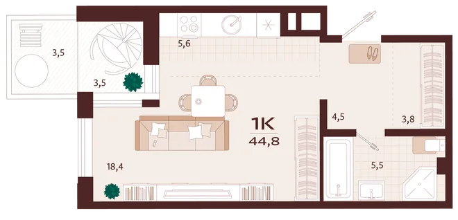Планировка 1-комн. квартира, 44.8 м² ЖК «Роялта» Планировка 1-комн. квартира, 44.8 м² ЖК «Роялта»