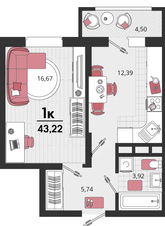 Планировка 1-комн. квартира, 43.22 м² ЖК «Родные просторы»