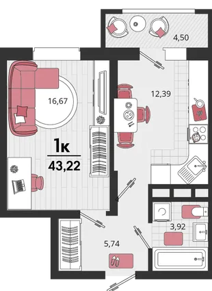Планировка 1-комн. квартира, 43.22 м² ЖК «Родные просторы»