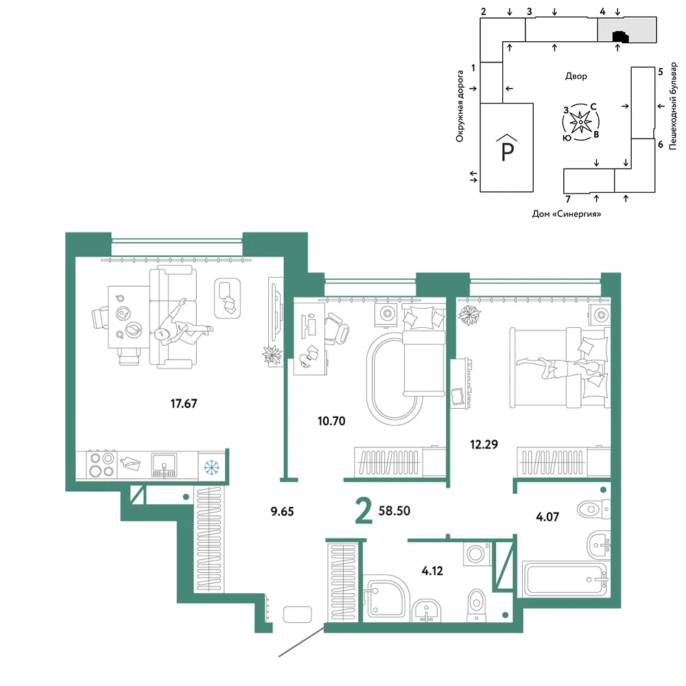 Планировка 2-комн. квартира, 58.5 м² ЖК «Юнион»
