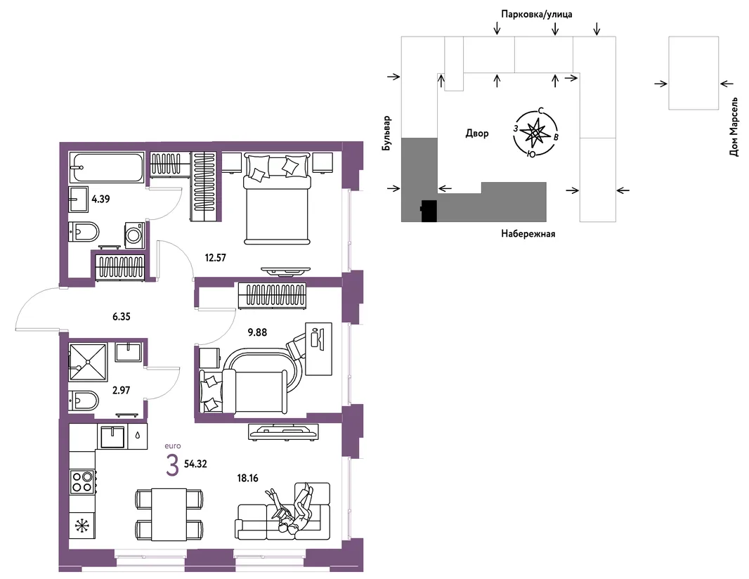 Планировка 3-комн. квартира, 54.32 м² ЖК «Европейский берег 2.0»