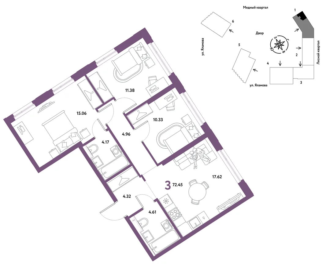 Планировка 3-комн. квартира, 72.45 м² ЖК «Сибирский сад»