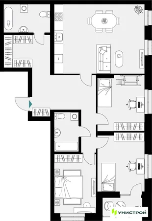 Планировка 3-комн. квартира, 107.02 м² ЖК «Уникум на Амирхана»