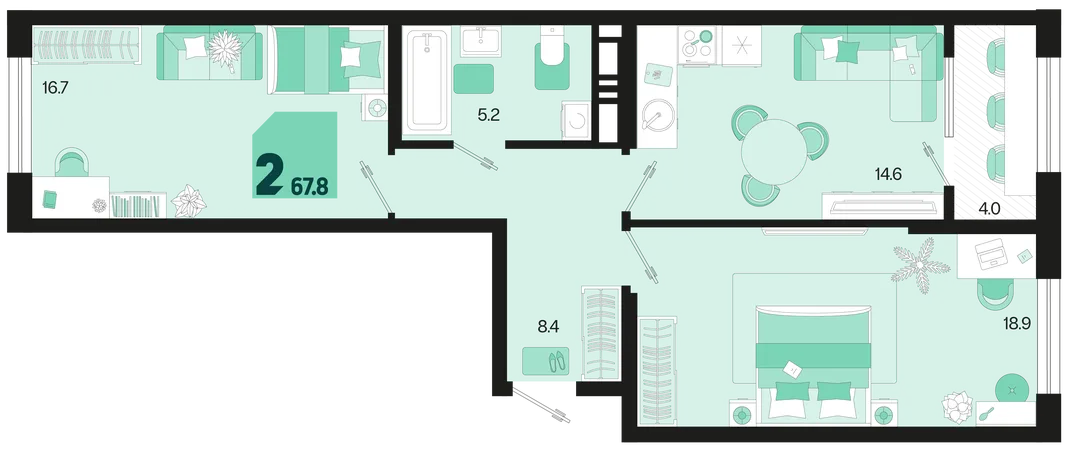 Планировка 2-комн. квартира, 67.8 м² ЖК «Первое место»
