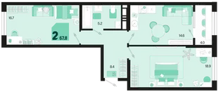 Планировка 2-комн. квартира, 67.8 м² ЖК «Первое место»
