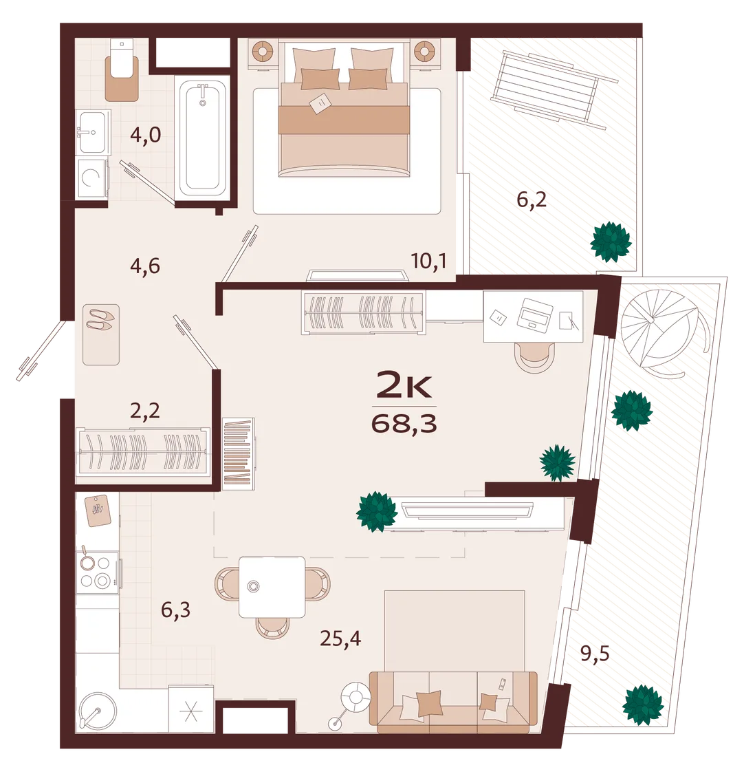 Планировка 2-комн. квартира, 68.3 м² ЖК «Роялта»