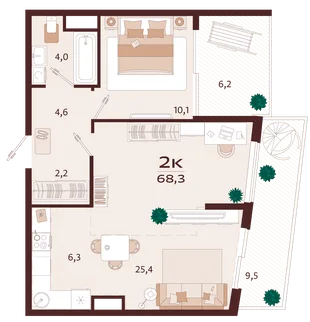 Планировка 2-комн. квартира, 68.3 м² ЖК «Роялта»