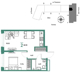 Планировка 2-комн. квартира, 38.99 м² ЖК «Авторский»