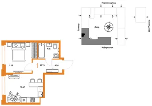 Планировка 1-комн. квартира, 33.79 м² ЖК «Европейский берег 2.0»