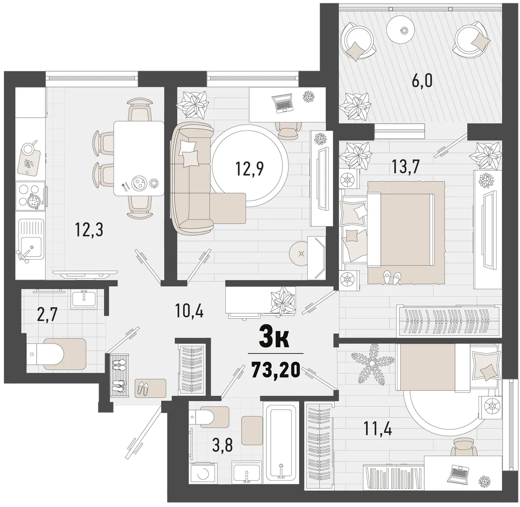 Планировка 3-комн. квартира, 73.2 м² ЖК «Барса»